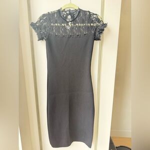 Classic Black Midi Dress with Lace Yoke